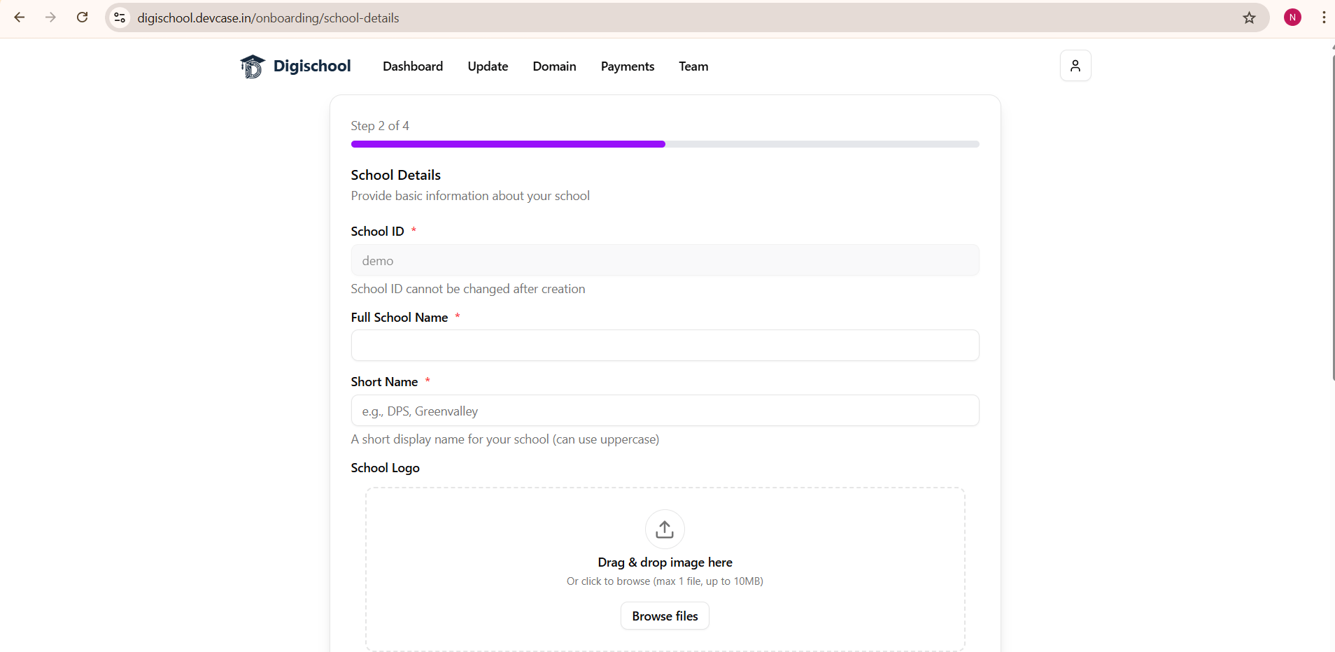 Step 2 of 4 — School Details form
